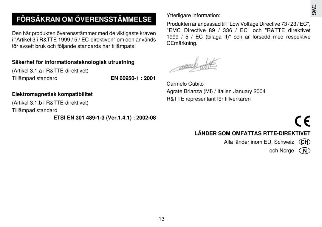 Oregon Scientific JM889N user manual Försäkran OM Överensstämmelse, Säkerhet för informationsteknologisk utrustning 