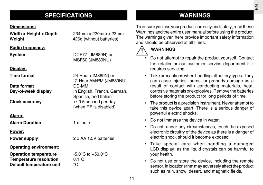 Oregon Scientific JM889N user manual Specifications 