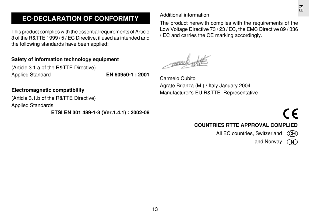 Oregon Scientific JM889N user manual EC-DECLARATION of Conformity, Article 3.1.b of the R&TTE Directive Applied Standards 