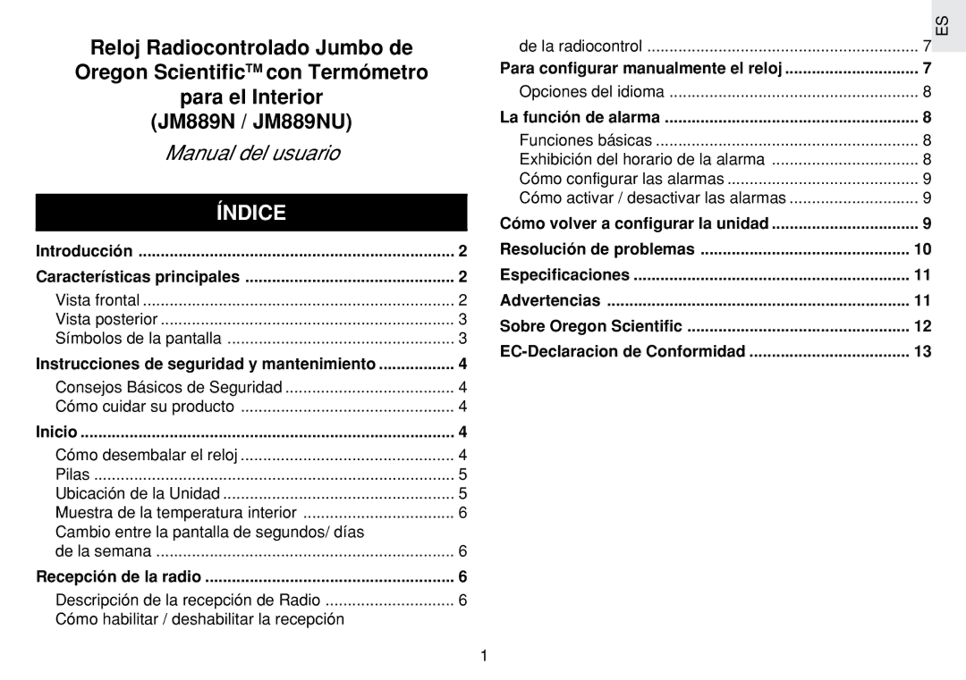 Oregon Scientific JM889N user manual Índice, Exhibición del horario de la alarma, Cómo activar / desactivar las alarmas 