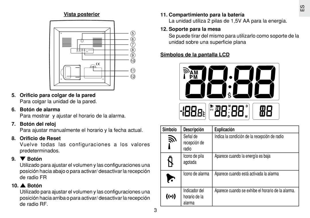 Oregon Scientific JM889N user manual Botón del reloj, Orificio de Reset, Soporte para la mesa, Símbolos de la pantalla LCD 