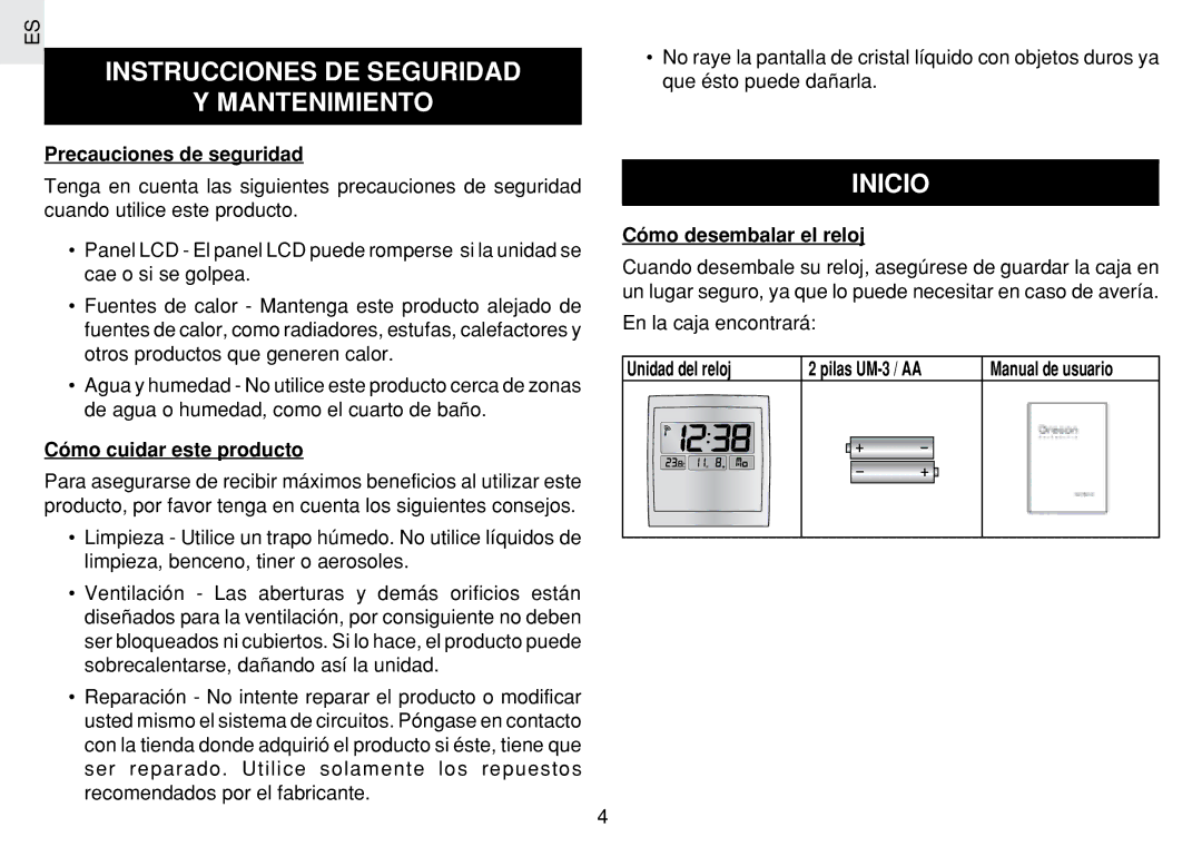 Oregon Scientific JM889N user manual Instrucciones DE Seguridad Mantenimiento, Inicio 