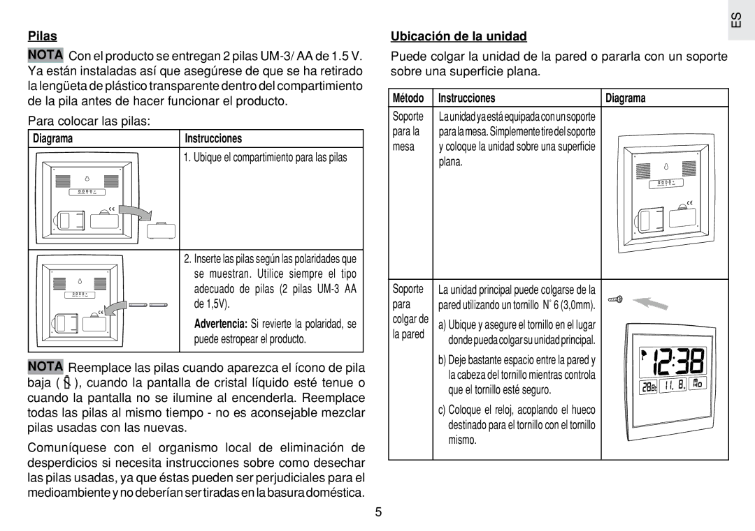 Oregon Scientific JM889N user manual Pilas, Diagrama Instrucciones, Método Instrucciones 