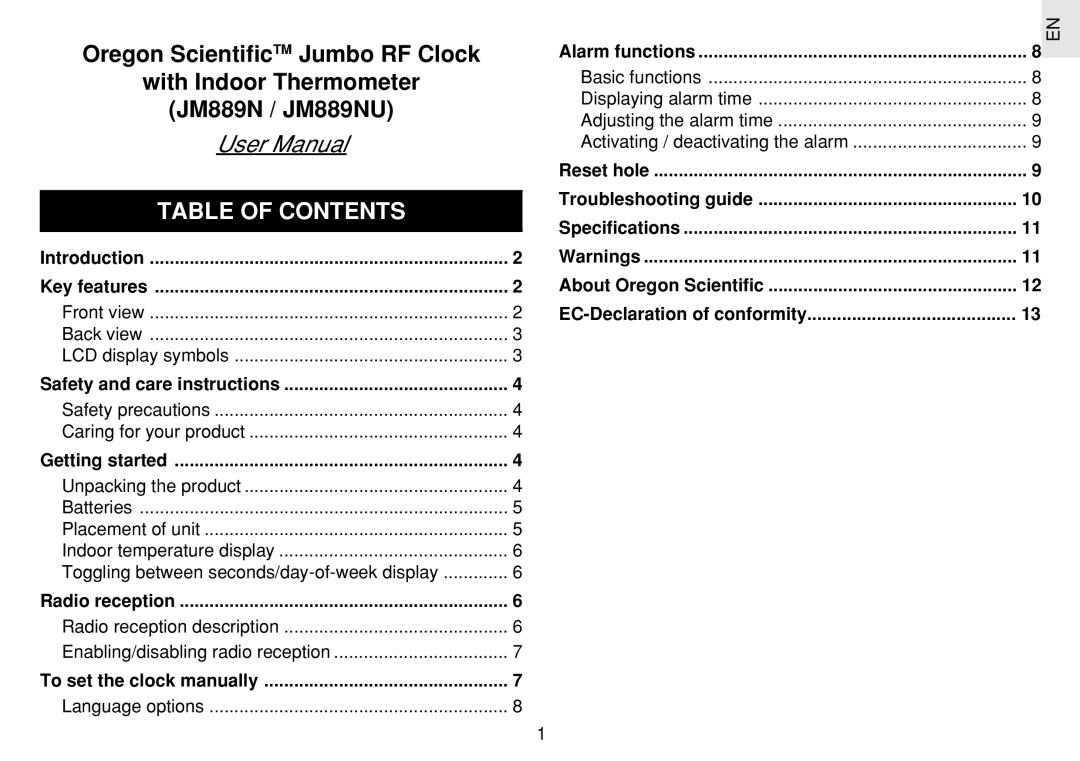 Oregon Scientific JM889N user manual Table of Contents 