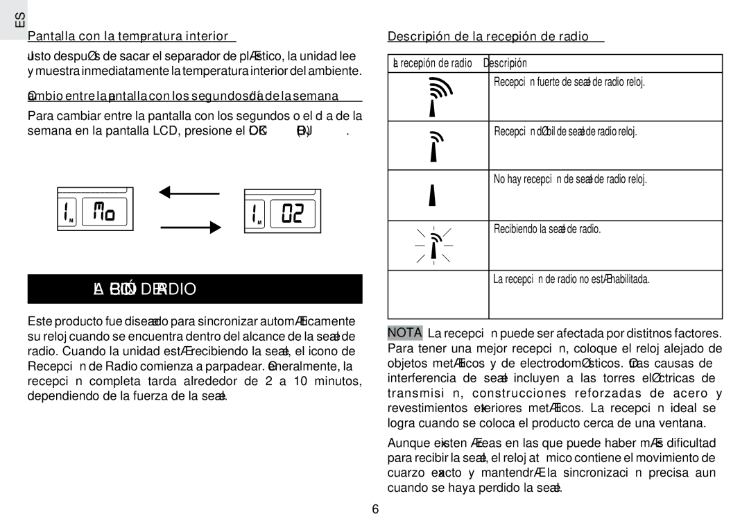 Oregon Scientific JM889N user manual LA Recepción DE Radio, Pantalla con la temperatura interior 