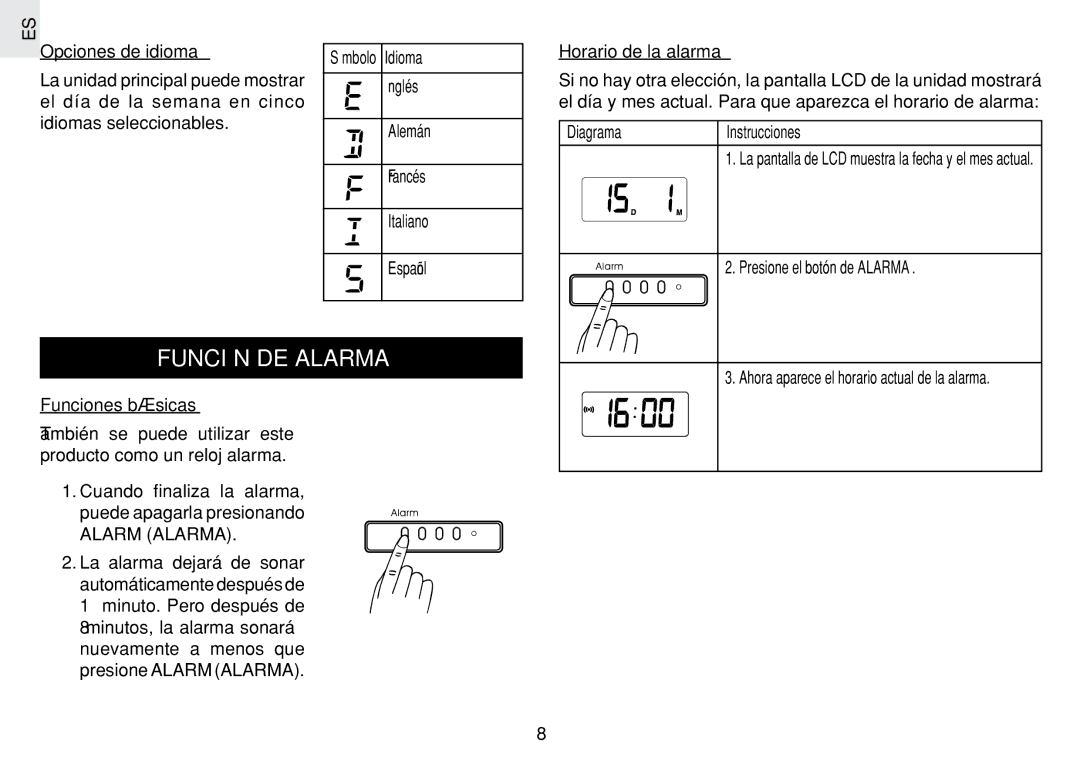 Oregon Scientific JM889N Función DE Alarma, Opciones de idioma, Símbolo Idioma, Horario de la alarma, Funciones básicas 