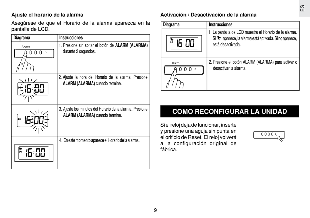 Oregon Scientific JM889N user manual Como Reconfigurar LA Unidad, Ajuste el horario de la alarma, Durante 2 segundos 