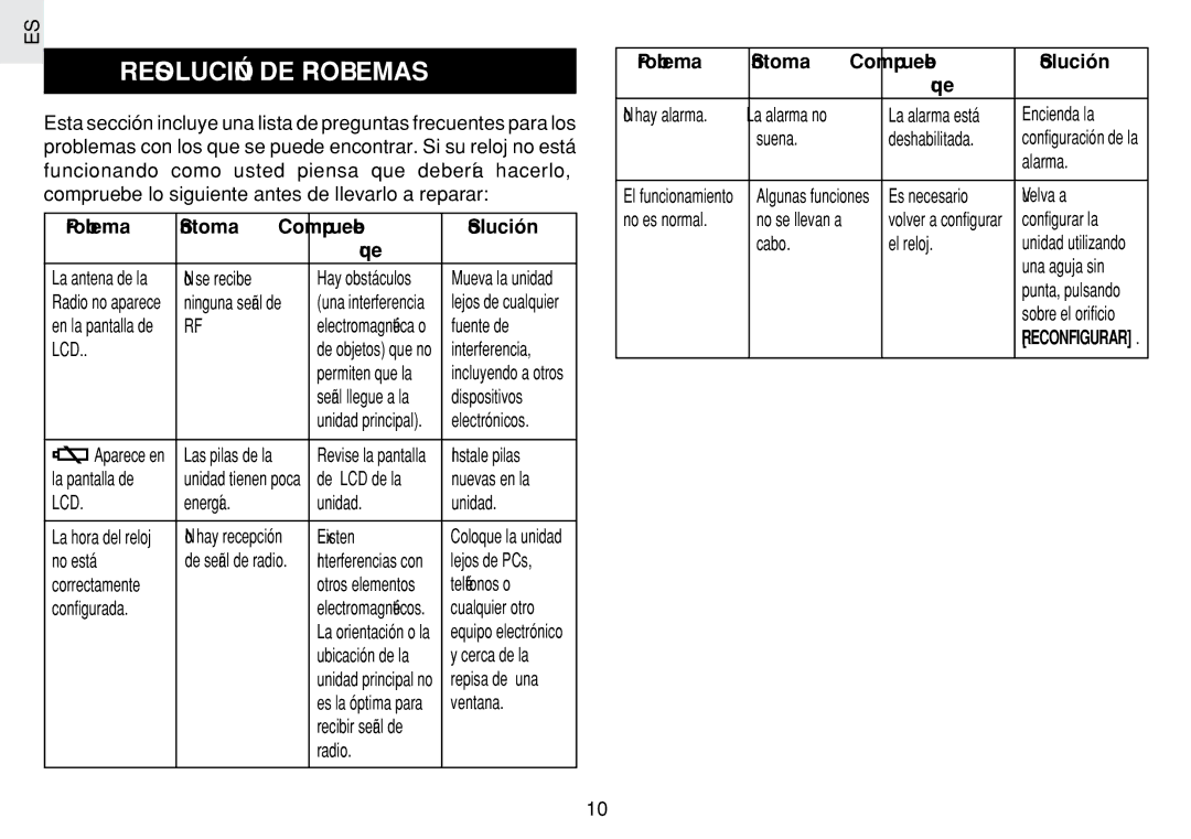 Oregon Scientific JM889N user manual Resolución DE Problemas, Problema Síntoma Compruebe Solución Que 