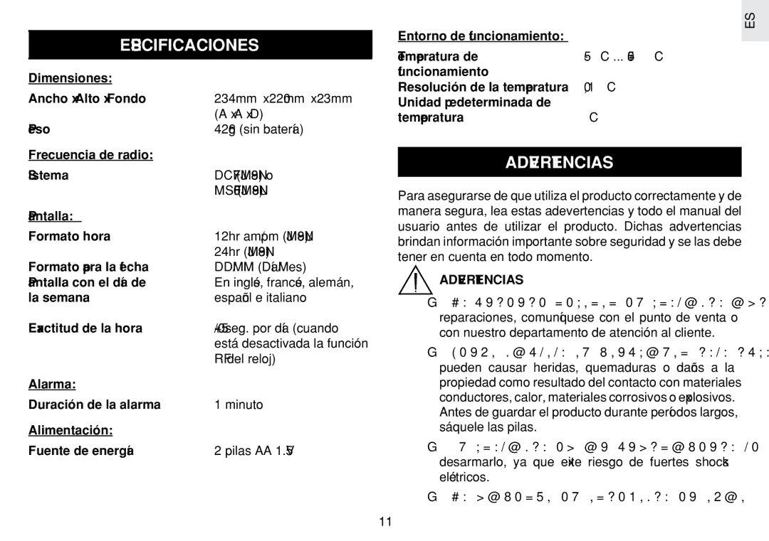 Oregon Scientific JM889N user manual Especificaciones, Advertencias, Entorno de funcionamiento Temperatura de, 5C ... +50C 