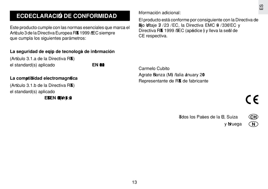 Oregon Scientific JM889N EC-DECLARACIÓN DE Conformidad, Artículo 3.1.b de la Directiva R&TTE el standards aplicado 