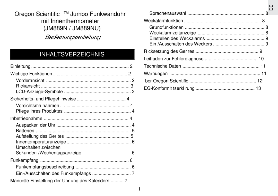 Oregon Scientific JM889N user manual Inhaltsverzeichnis, LCD-Anzeige-Symbole, Pflege Ihres Produktes 