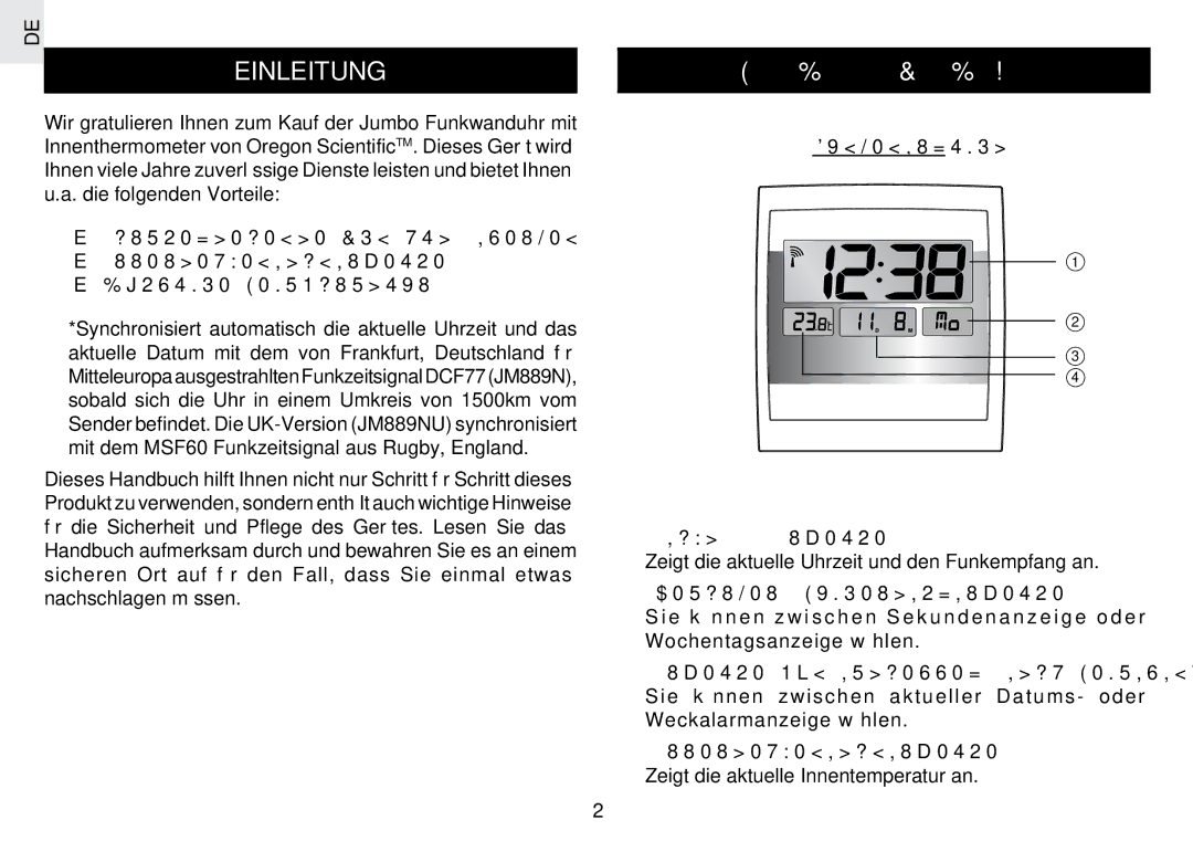 Oregon Scientific JM889N Einleitung, Wichtige Funktionen, Vorderansicht Haupt-LCD-Anzeige, Sekunden-/Wochentagsanzeige 