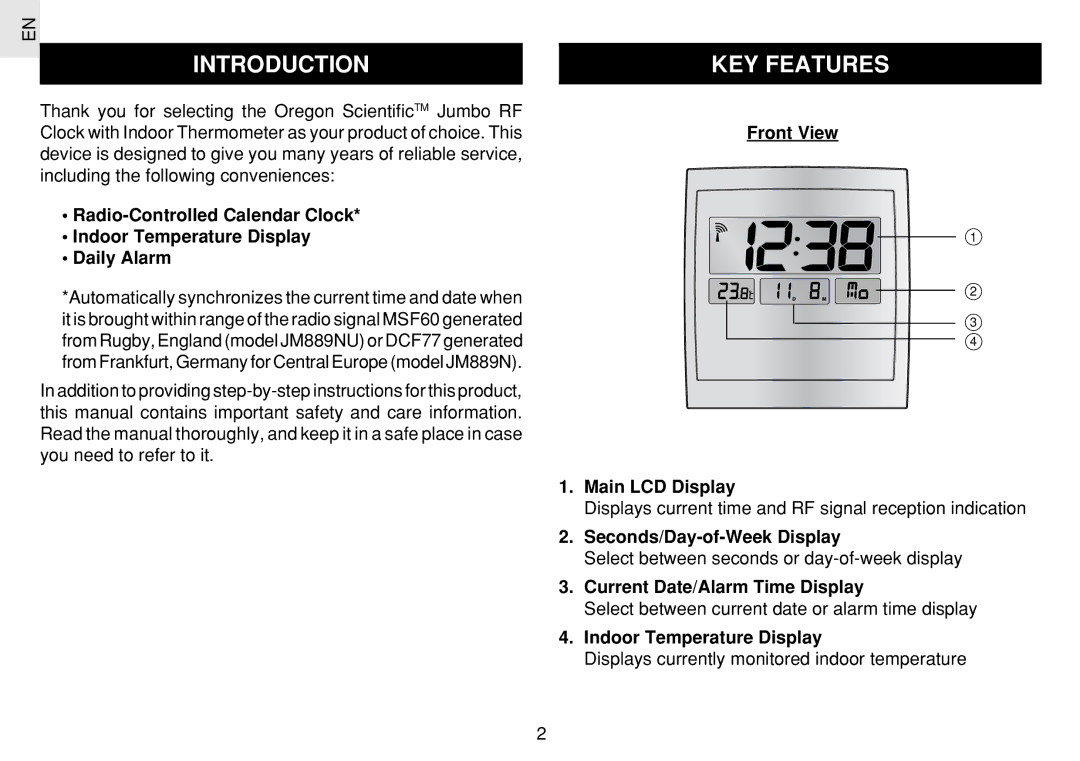 Oregon Scientific JM889N user manual Introduction, KEY Features, Front View Main LCD Display, Seconds/Day-of-Week Display 