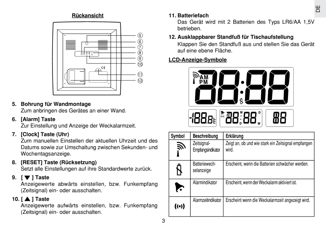 Oregon Scientific JM889N Rückansicht Bohrung für Wandmontage, Alarm Taste, Clock Taste Uhr, Reset Taste Rücksetzung 