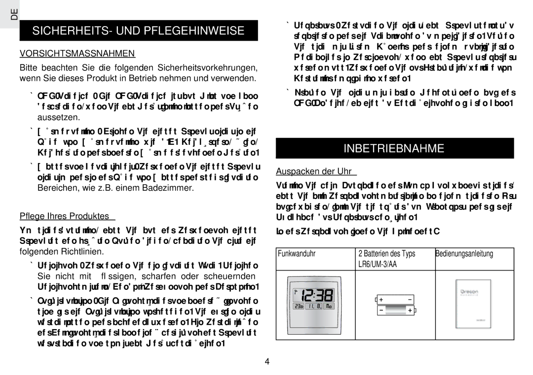 Oregon Scientific JM889N user manual SICHERHEITS- UND Pflegehinweise, Inbetriebnahme, Vorsichtsmassnahmen 