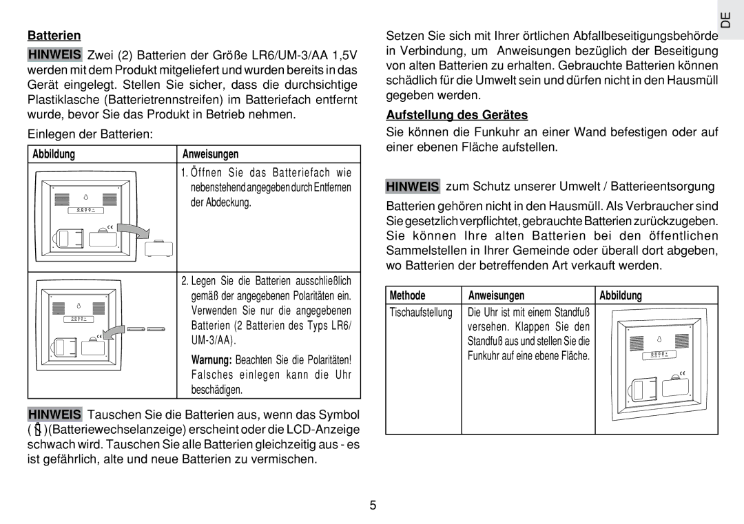 Oregon Scientific JM889N user manual Batterien, Abbildung, Aufstellung des Gerätes, Methode Anweisungen 