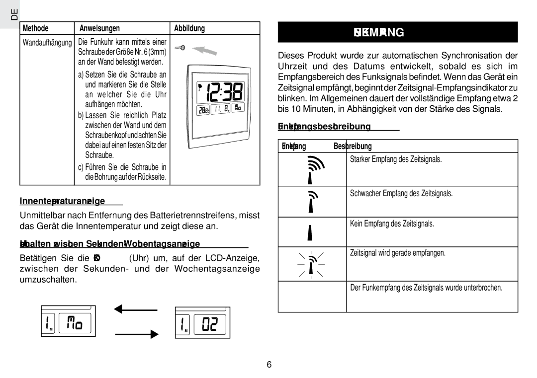 Oregon Scientific JM889N user manual Funkempfang, Umschalten zwischen Sekunden-/Wochentagsanzeige 