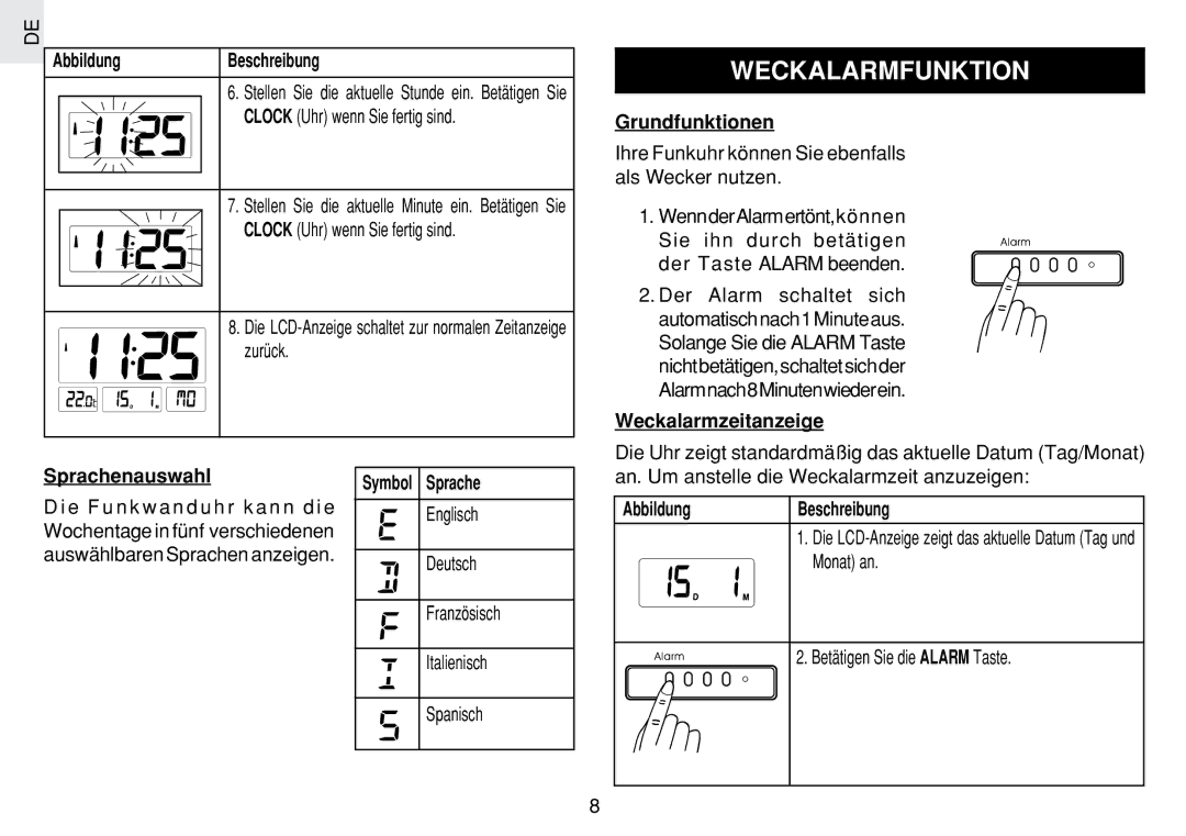 Oregon Scientific JM889N Weckalarmfunktion, Grundfunktionen, Weckalarmzeitanzeige Sprachenauswahl, Symbol Sprache 