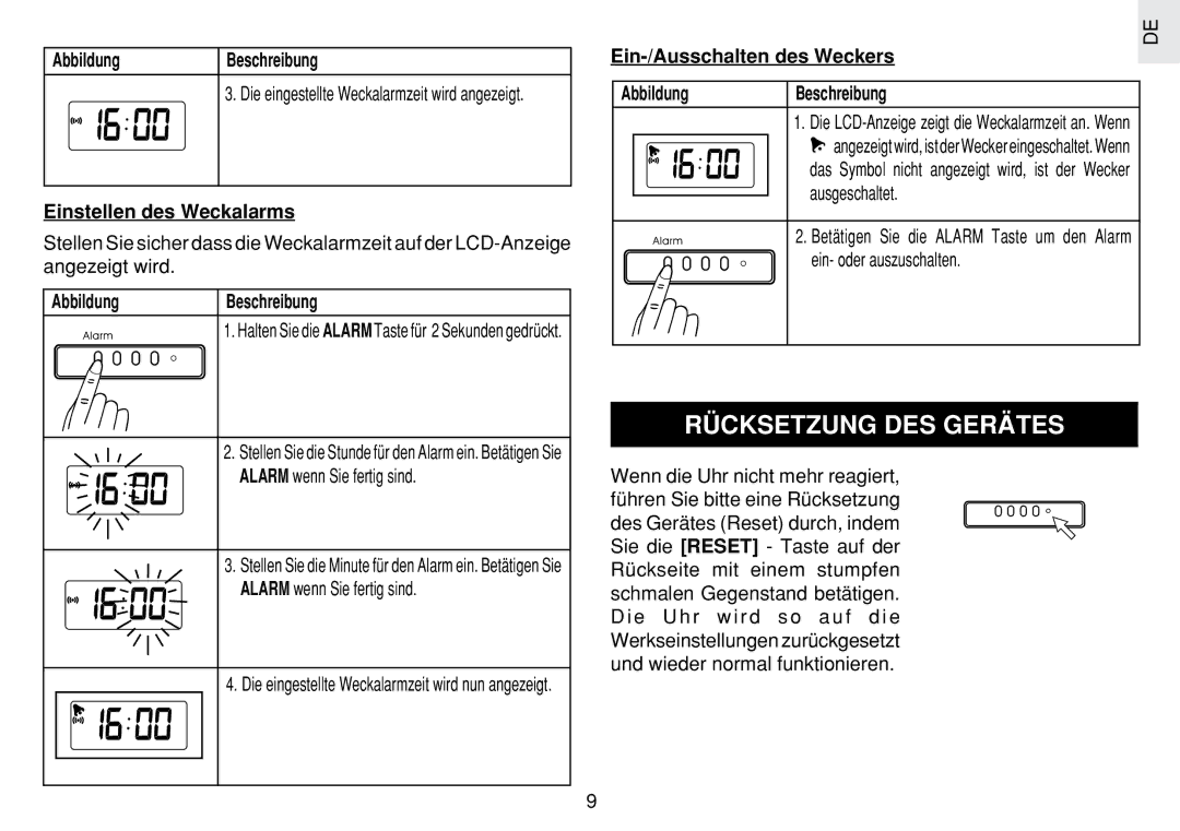 Oregon Scientific JM889N user manual Rücksetzung DES Gerätes, Einstellen des Weckalarms, Ein-/Ausschalten des Weckers 