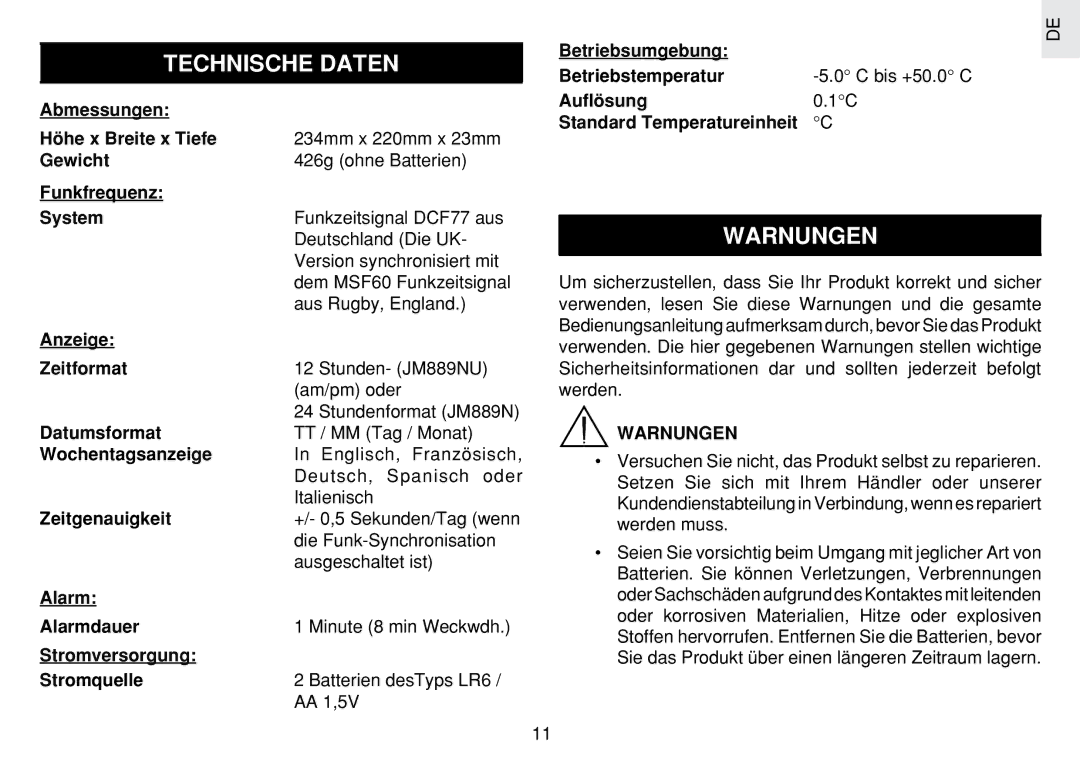 Oregon Scientific JM889N user manual Technische Daten, Warnungen 