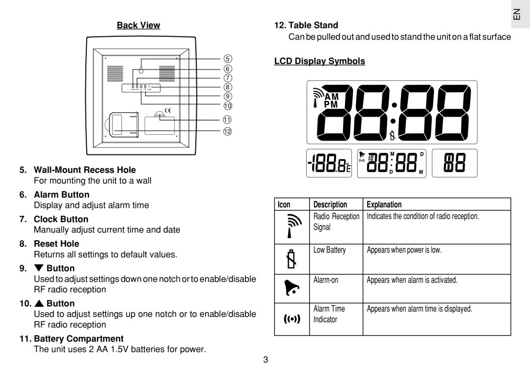 Oregon Scientific JM889N user manual Back View Table Stand, Clock Button, Reset Hole, Battery Compartment 