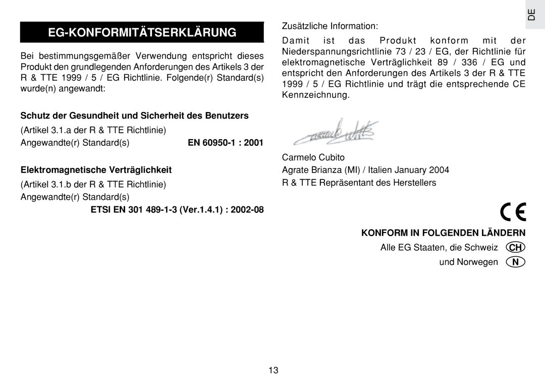 Oregon Scientific JM889N user manual Eg-Konformitätserklärung, Artikel 3.1.b der R & TTE Richtlinie Angewandter Standards 