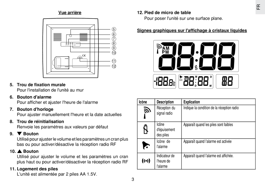 Oregon Scientific JM889N Vue arrière, Bouton dalarme, Bouton dhorloge, Trou de réinitialisation, Logement des piles 