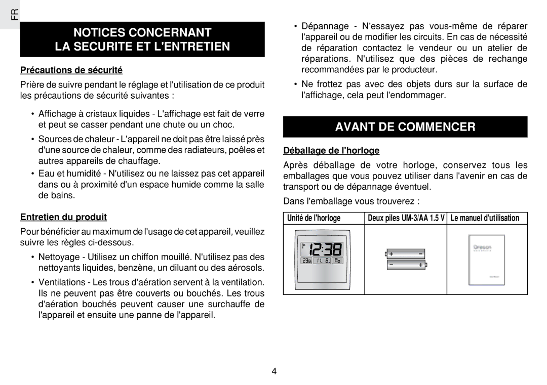 Oregon Scientific JM889N user manual LA Securite ET Lentretien, Avant DE Commencer 