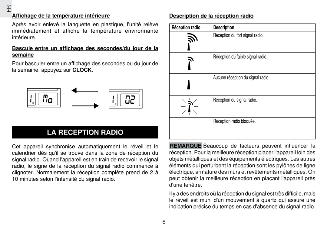 Oregon Scientific JM889N user manual LA Reception Radio, Description de la réception radio 