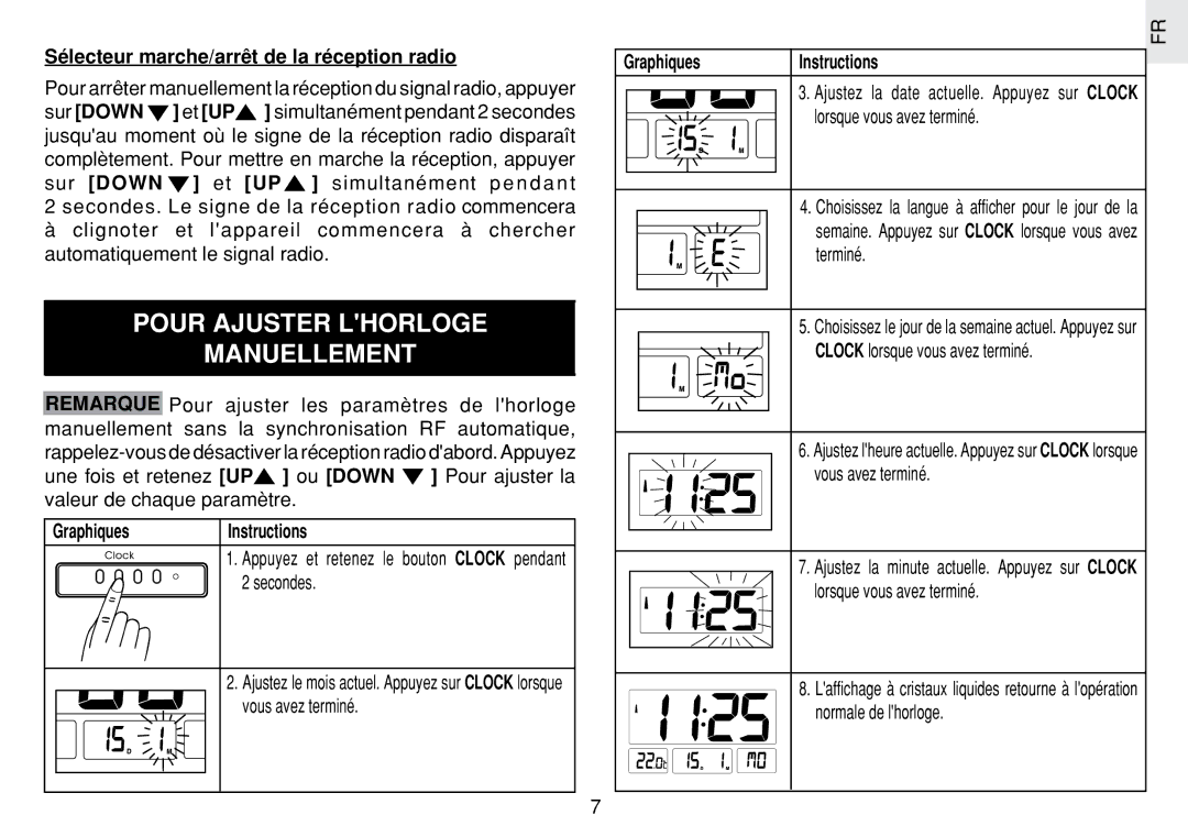 Oregon Scientific JM889N user manual Pour Ajuster Lhorloge Manuellement, Sélecteur marche/arrêt de la réception radio 