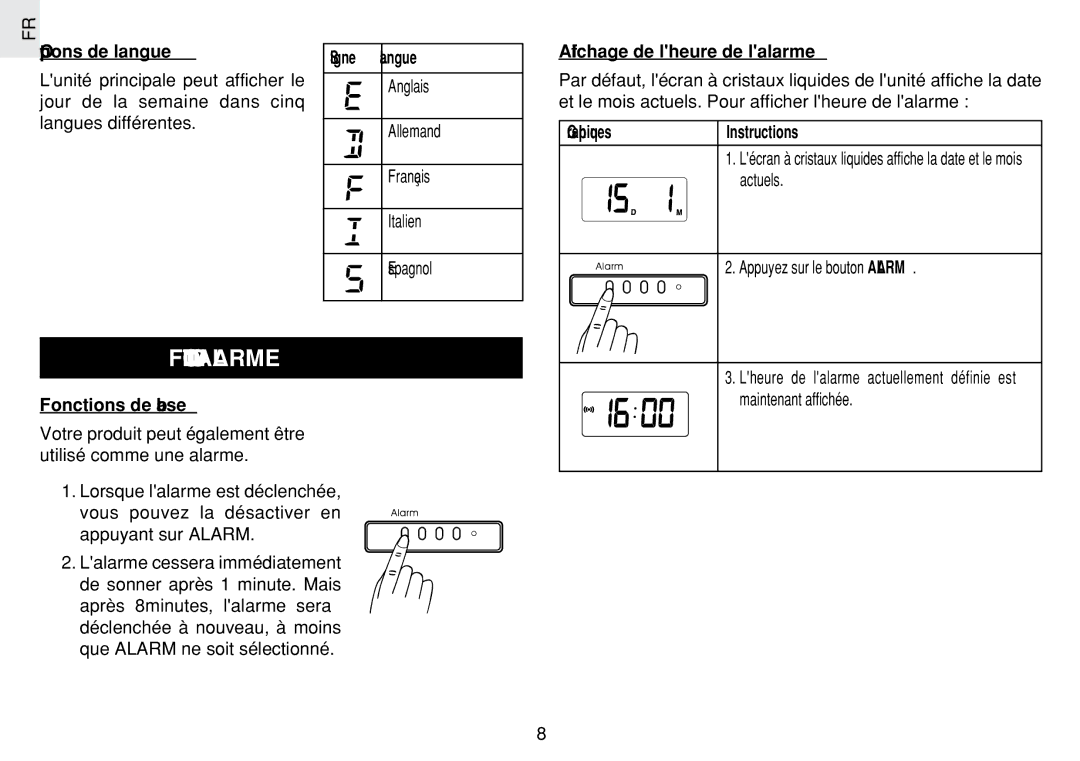 Oregon Scientific JM889N user manual Fonction Alarme 