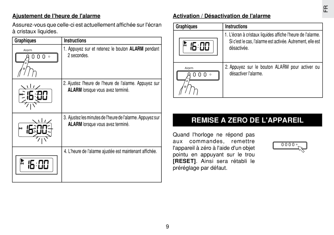 Oregon Scientific JM889N Remise a Zero DE Lappareil, Ajustement de lheure de lalarme, Désactivée, Désactiver lalarme 