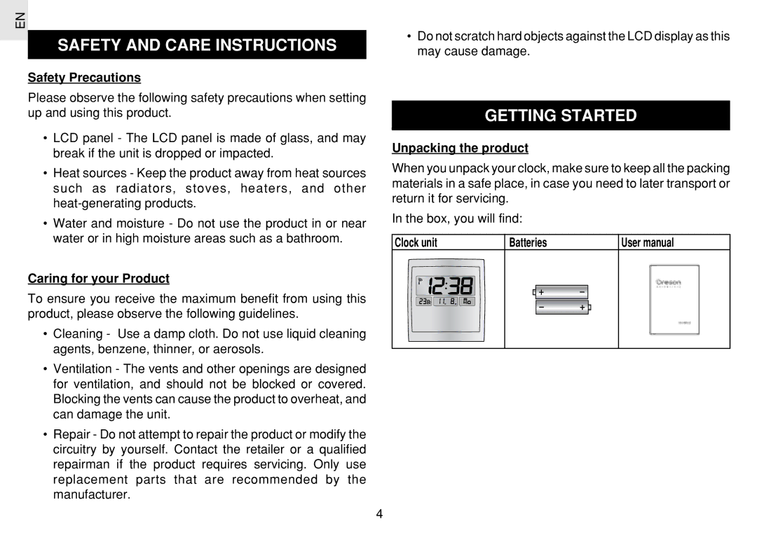 Oregon Scientific JM889N user manual Safety and Care Instructions, Getting Started 