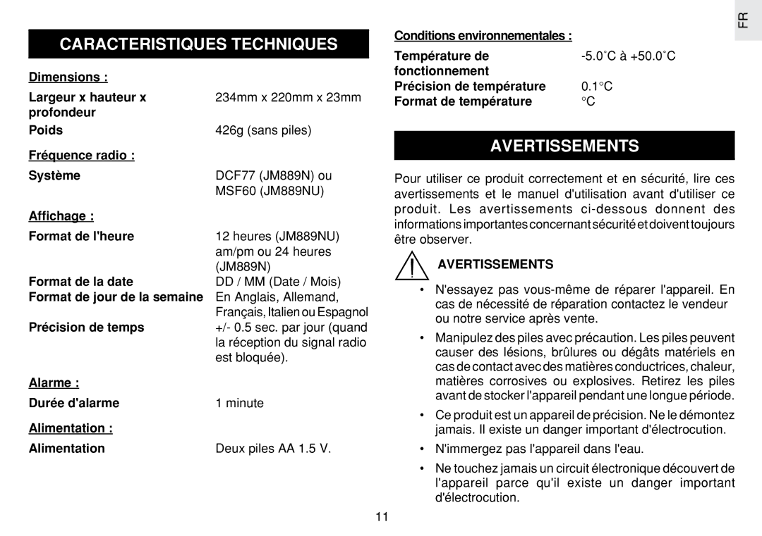 Oregon Scientific JM889N user manual Caracteristiques Techniques, Avertissements 