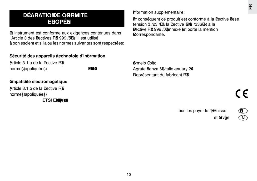 Oregon Scientific JM889N Déclaration DE Conformite Européenne, Article 3.1.b de la Directive R&TTE normes appliquées 