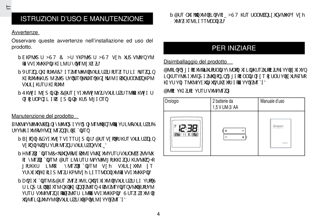 Oregon Scientific JM889N user manual Istruzioni Duso E Manutenzione, PER Iniziare 