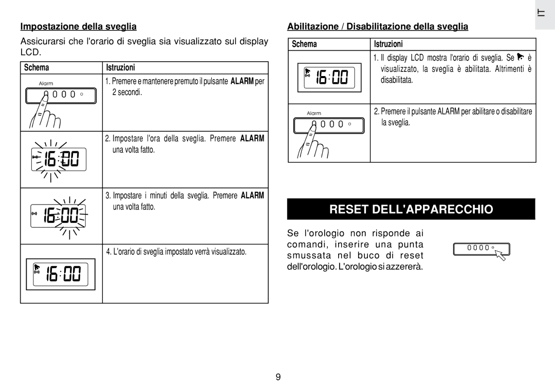 Oregon Scientific JM889N user manual Reset Dellapparecchio, Impostazione della sveglia, Disabilitata, La sveglia 