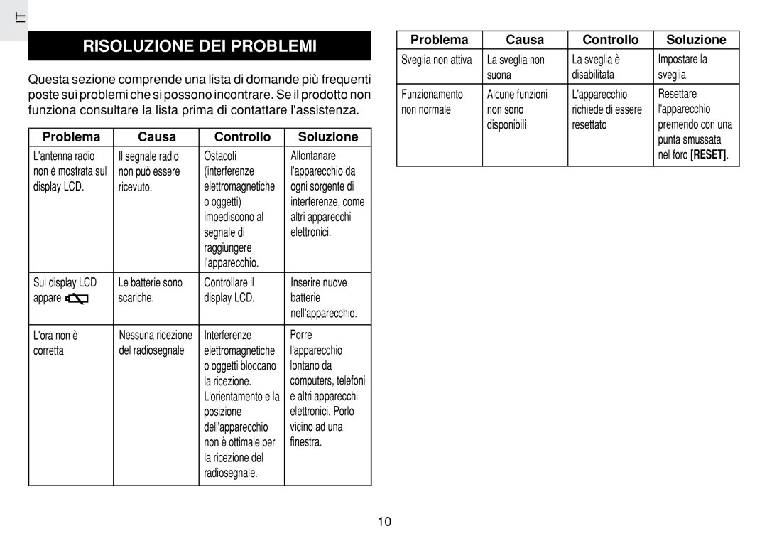 Oregon Scientific JM889N user manual Risoluzione DEI Problemi, Problema Causa Controllo Soluzione 