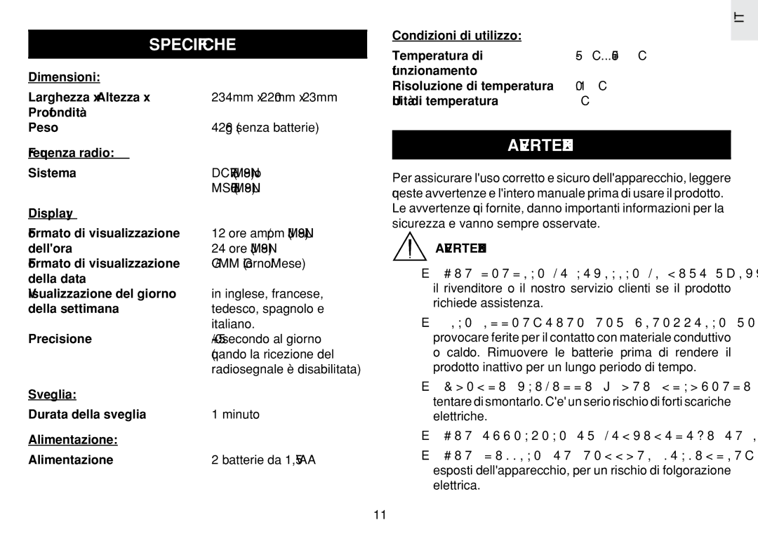 Oregon Scientific JM889N user manual Specifiche, Avvertenze 