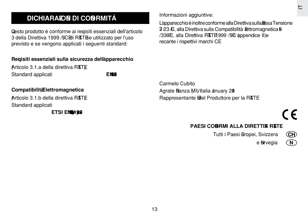 Oregon Scientific JM889N user manual Dichiarazione DI Conformitá, Articolo 3.1.b della direttiva R&TTE Standard applicati 