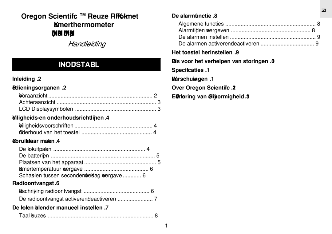 Oregon Scientific JM889N user manual Inhoudstabel, LCD Displaysymbolen, Veiligheidsvoorschriften Onderhoud van het toestel 