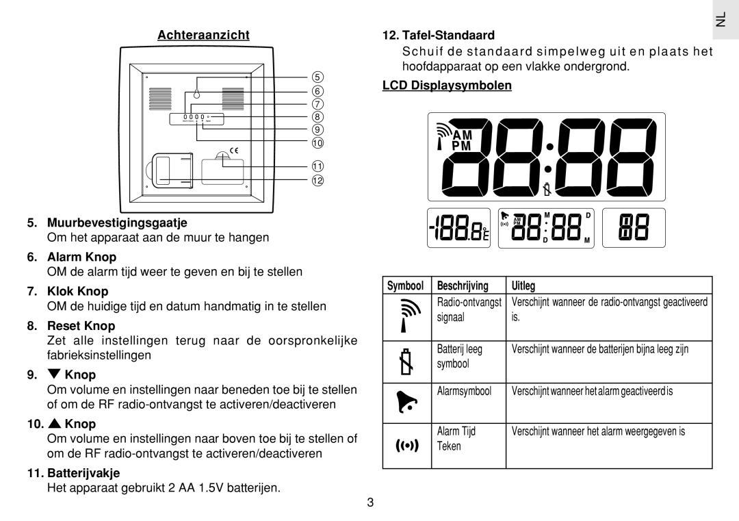 Oregon Scientific JM889N Achteraanzicht Muurbevestigingsgaatje, Alarm Knop, Klok Knop, Reset Knop, Batterijvakje, Uitleg 