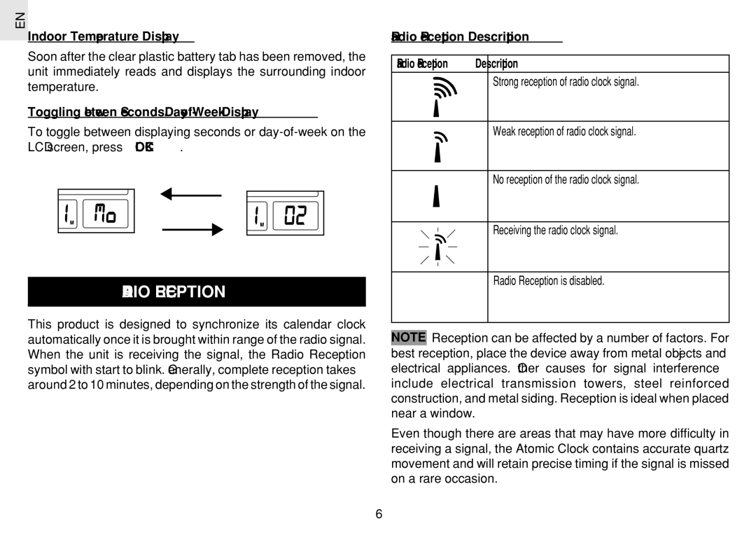 Oregon Scientific JM889N user manual Toggling between Seconds/Day-of-Week Display, Radio Reception Description 