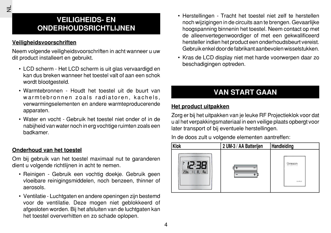 Oregon Scientific JM889N user manual VEILIGHEIDS- EN Onderhoudsrichtlijnen, VAN Start Gaan 