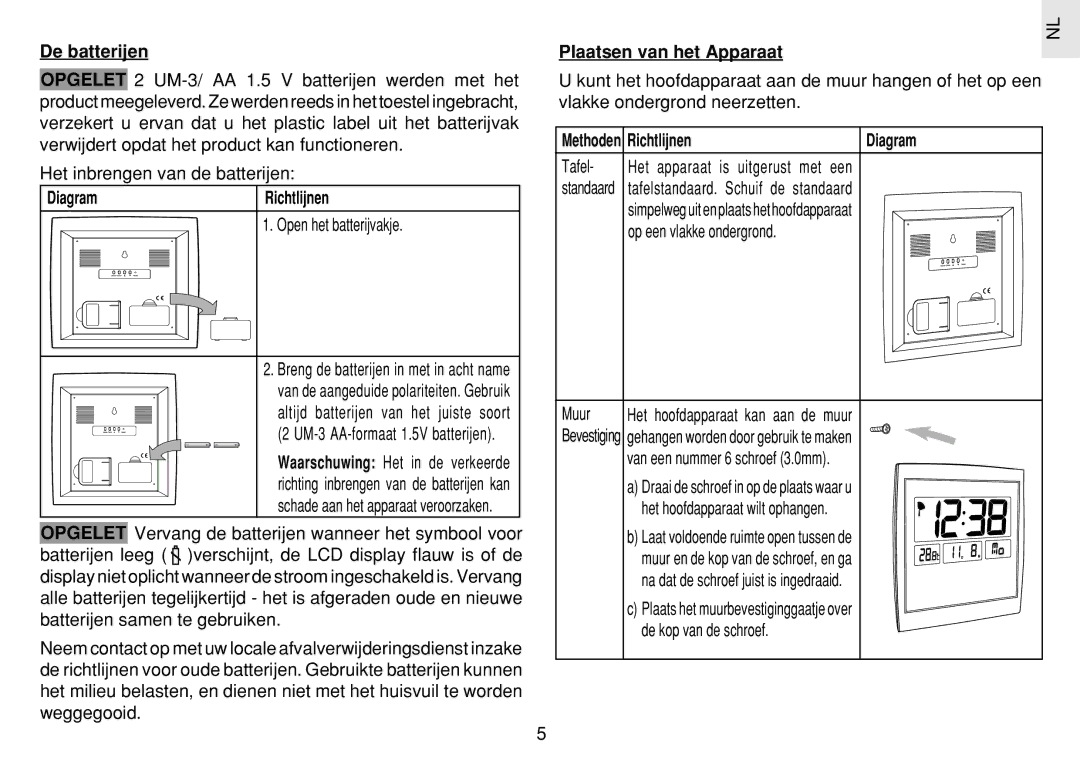 Oregon Scientific JM889N user manual De batterijen, Diagram Richtlijnen, Plaatsen van het Apparaat, Methoden Richtlijnen 