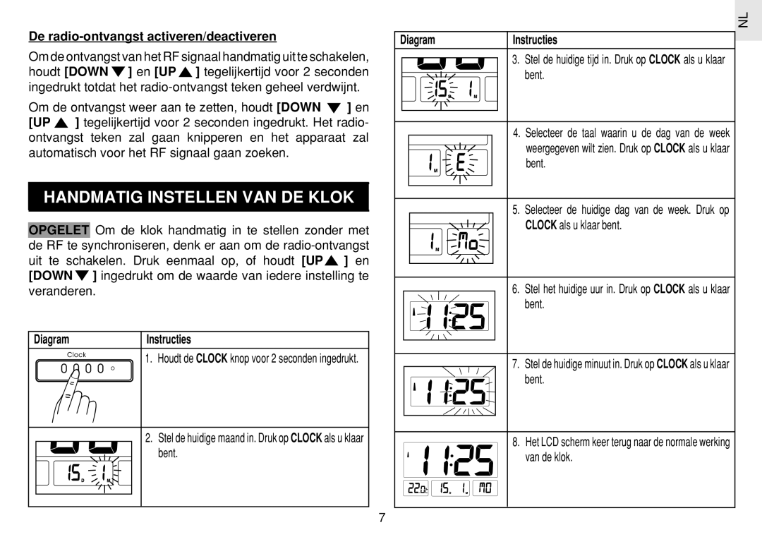 Oregon Scientific JM889N Handmatig Instellen VAN DE Klok, De radio-ontvangst activeren/deactiveren, Diagram Instructies 