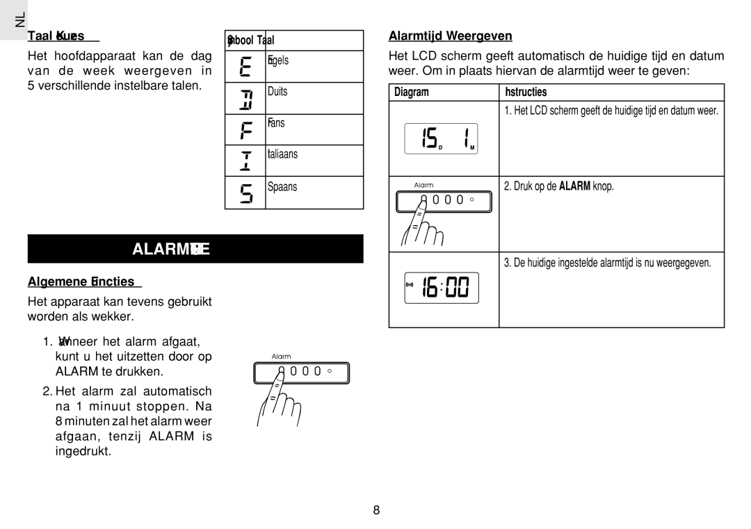 Oregon Scientific JM889N user manual Alarmfunctie, Taal Keuzes, Symbool Taal, Alarmtijd Weergeven, Algemene Functies 