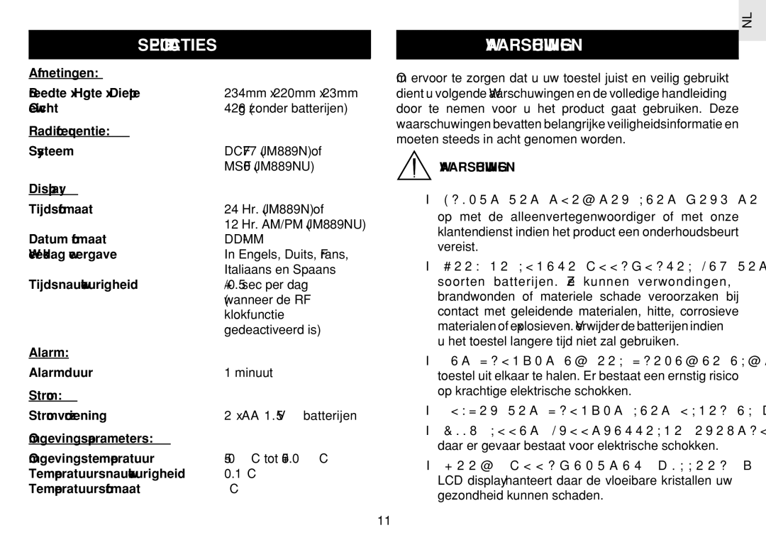 Oregon Scientific JM889N user manual Specificaties, Waarschuwingen 