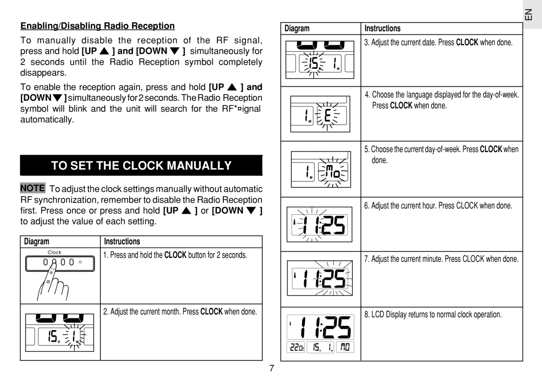 Oregon Scientific JM889N user manual To SET the Clock Manually, Enabling/Disabling Radio Reception 