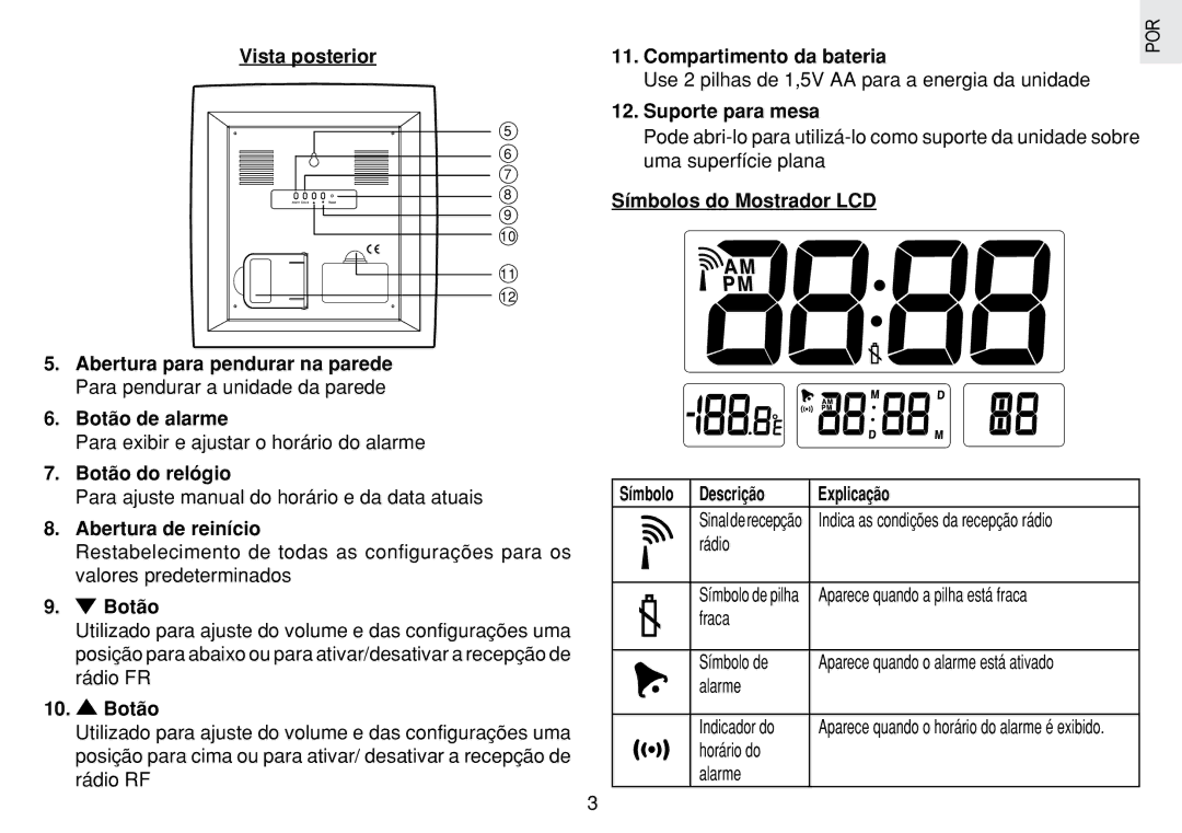 Oregon Scientific JM889N Vista posterior, Botão de alarme, Botão do relógio, Abertura de reinício, Suporte para mesa 